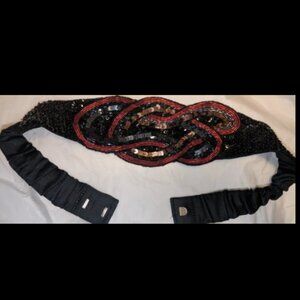 Vintage 80s Black Red Sequin Beaded Wide Wrap Belt - Retro 1980s